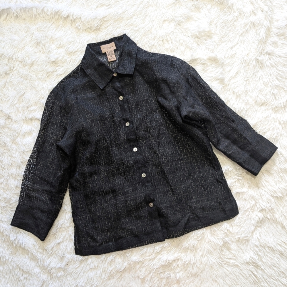 Y2K Vintage Choices Sheer Black Geometric Burnout Button Up Top Petite Medium